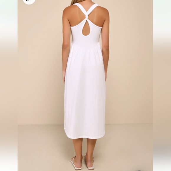 Lulu's Summer Beauty White Ribbed Twist Back Midi Dress Balletcore Size Large - Picture 2 of 12